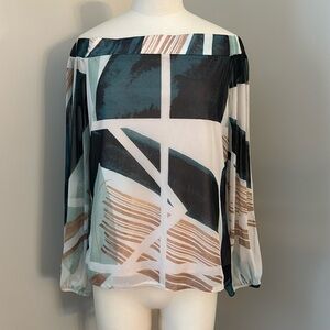 le Chateau Artsy Abstract Print Off the ShoulderBlouse with Sheer Open Arms Sz S